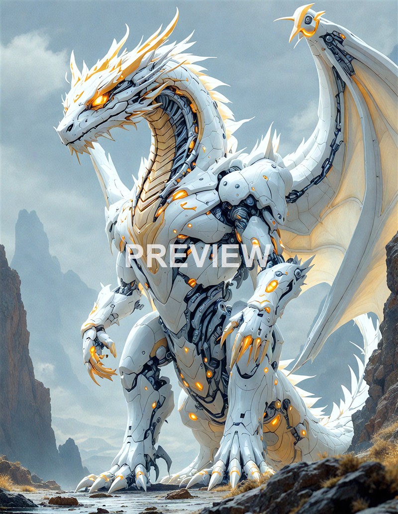 A large, futuristic, robotic dragon with white and gold armor, sharp claws, and glowing orange accents, standing amidst rocky terrain under a cloudy sky.